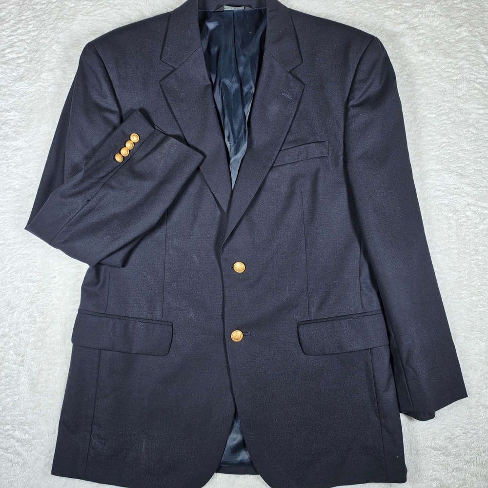 Jos. A. Bank Blazer Mens 41R Navy Blue Wool L/S Button Up Gold Crest Buttons